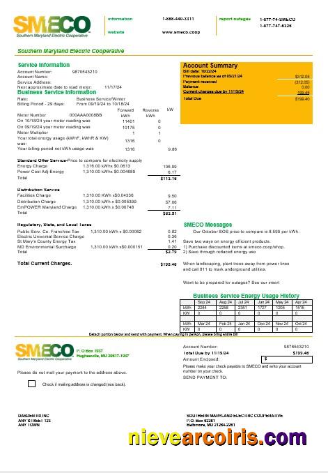 USA Maryland SMECO business utility bill